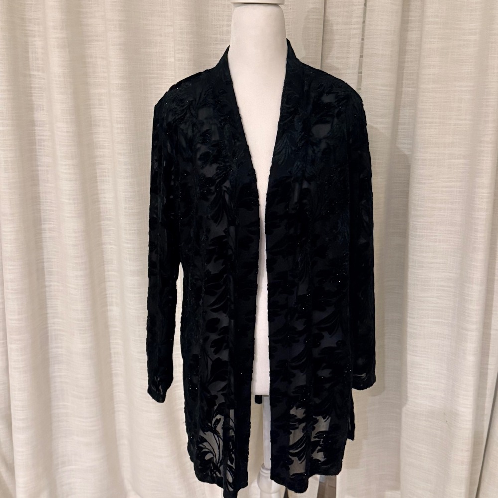 Susan Graver Occasion Cardigan MP Black Velvet Burnout Glitter Open Front Kimono - Picture 11 of 16